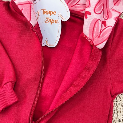 Conj. Jaqueta com Capuz e Calça de Moletom com Corações - Vermelho 